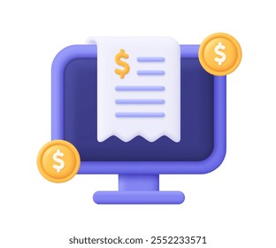 Computador com recebimento e moedas. Negócios e finanças, pagamento on-line e bancário, fatura, conceito de transação. ícone de vetor 3d. Estilo mínimo de desenho animado.