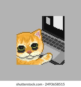 Computer cat tired of working, pixel art meme