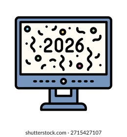 Ícone de estilo preenchido da ilustração do vetor do Ano Novo 2026 da celebração do computador