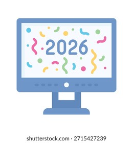 Ícone de estilo plano da ilustração vetorial do ano novo 2026 da celebração do computador