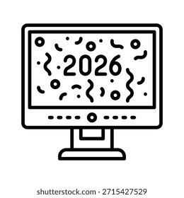Computer Celebration New Year 2026 Vector Illustration Line Style Icon