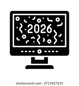 Computer Feier Neujahr 2026 Vektorgrafik Solid Style Symbol