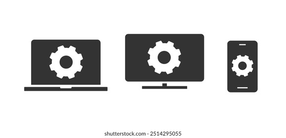 Ordenador, teléfono celular, Actualizar de sistema portátil icono Vector simple pictograma gráfico, smartphone teléfono celular software setup Mejorar ui glyph sign set, hardware mantenimiento técnico reparación engranaje rueda dentada