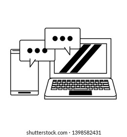 computer and cellphone with speech bubble black and white