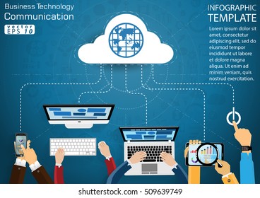 
Computer Handy Tablet Laptop Technologie Business Kommunikation über die Welt moderne Ideen und Concept Vectorgrafik Infografik Vorlage mit Magnifier, Symbol.