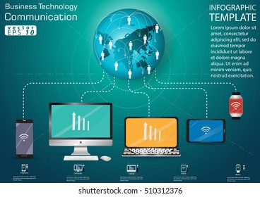 Computer Cellphone Tablet Laptop Watch Technology Business Communication   modern  Idea and Concept Vector illustration Infographic template with World map.