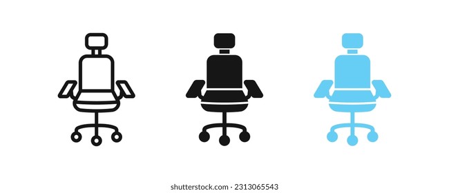 Computer chair icon. Office seat symbol. Armchair signs. Desk furniture symbols. Comfort work icons. Black, blue color. Vector isolated sign.