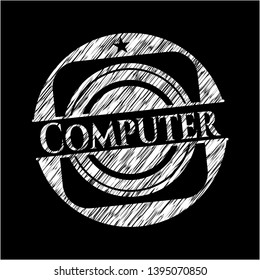 Computer chalkboard emblem written on a blackboard. Vector Illustration. Detailed.