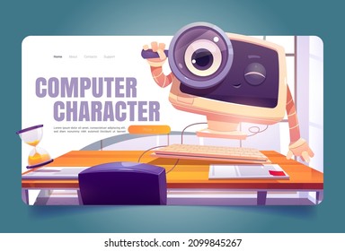 Personaje informático en la página de inicio de la caricatura de la oficina. Computadora de escritorio pc con una mirada sonriente a través de lupa. Personaje electrónico de dispositivos, investigación de información empresarial, banner web Vector