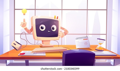 Computer character at office desk, cute pc desktop with smiling face pointing on glow light bulb. Cartoon electronic device personage at clerk workplace, business idea, insight, Vector illustration