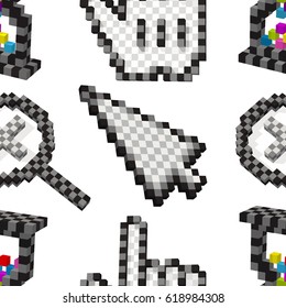 Computer character symbols,seamless pattern.Time,zoom,?ursor hand.Pixel art, cubes,digital style.Vector