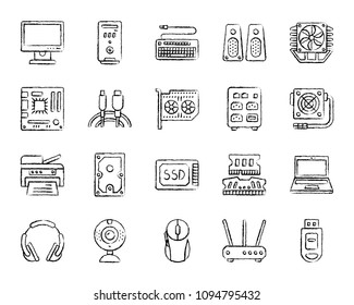 Computer charcoal icons set. Outline web sign kit of electronics. Gadget linear icon collection includes usb, flash, cable. Simple hand drawn computer symbol on white. Vector Illustration