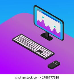 Computer with chart on monitor, mouse and keyboard. Wireless connection. On purple and blue background. Isometric illustration