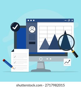 Computador com gráficos checklist lupa e lápis. Análise de dados, estratégia de negócios, gerenciamento de projetos. Imagem versátil para relatórios ou artigos sobre organização e planejamento.