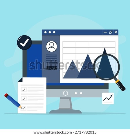 Computer with charts checklist magnifying glass and pencil. Data analysis, business strategy, project management. Versatile image for reports or articles on organization and planning.