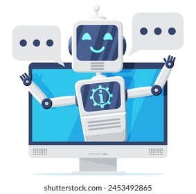 Computer with Chat Bot Speak in Bubble on Screen. Robot with Speech Window. Chatbot Greets. Online Support Bot. Artificial Intelligence, AI Helper Service, Support Assistant. Flat Vector Illustration