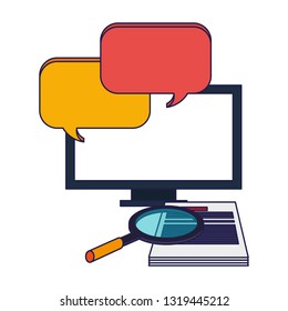 computer with chat bubbles and magnifying glass with document blue lines