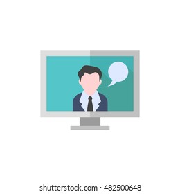 Computer chat icon in flat color style. Social media interaction talking webinar