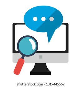computer with chatbubble and magnifying glass