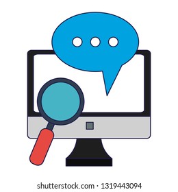 computer with chatbubble and magnifying glass blue lines