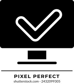 Computer with check mark black glyph icon. Correct work of PC. Install anti malware software. Safe equipment. Silhouette symbol on white space. Solid pictogram. Vector isolated illustration