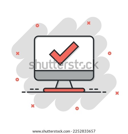 Computer check mark icon in comic style. Survey approval cartoon vector illustration on white isolated background. Confirm splash effect business concept.