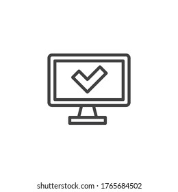 Computer check mark line icon. linear style sign for mobile concept and web design. Approved computer screen outline vector icon. Symbol, logo illustration. Vector graphics