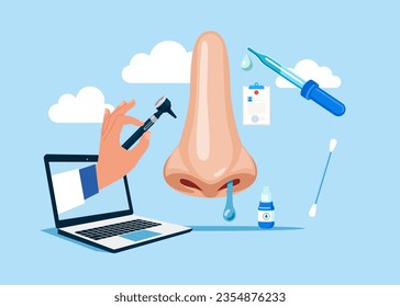 Computer checking patient human nose with symptoms of illness. Modern vector illustration in flat style