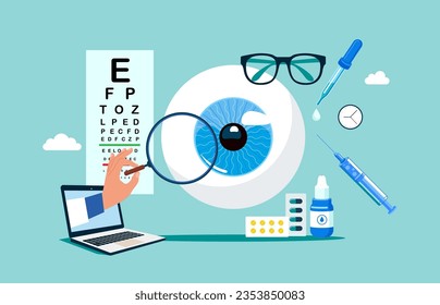 Computer checking patient vision. Eyesight laser correction. Ophthalmology, eye surgery. Flat vector illustration.