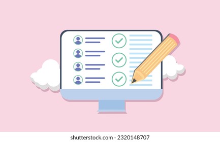 Computer with checklist and pencil. Task management concept. To do list with check mark. Completed online survey or poll. Web opinion. Cartoon design.