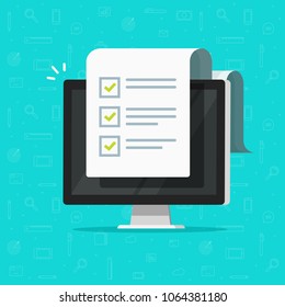 Computer And Checklist Vector Illustration, Flat Cartoon Pc Monitor With Long Paper Document And To Do List With Checkboxes, Concept Of Survey, Online Quiz, Completed Things Or Done Test, Feedback