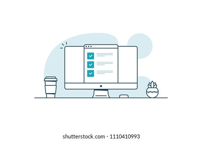 Computer with checklist. Workspace with computer, coffee cup, plant and browser with checkboxes. Vector illustration in line art style