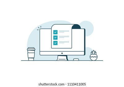 Computer with checklist. Workspace with computer, coffee cup, plant and paper with checkboxes. Vector illustration in line art style