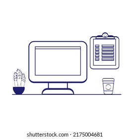 Computer with checklist. Workspace with computer, coffee cup, plant and browser with checkboxes. Vector illustration in line art style	
