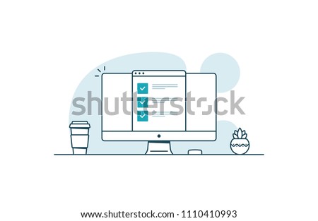 Computer with checklist. Workspace with computer, coffee cup, plant and browser with checkboxes. Vector illustration in line art style