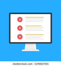 Computer and checklist with x marks. PC and check list with cross marks. Vector illustration