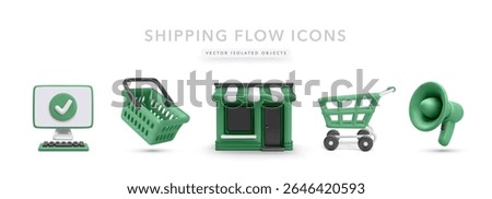 Computer With Checkmark, Basket, Store, Shopping Cart, and Loudspeaker in 3D Style for Order Confirmation, Retail Promotion, and Ecommerce Checkout. Vector Illustration.