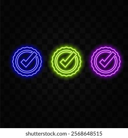 Computer with checkmark. Neon icon. Approved choice. Accept or approve checkmark. Vector illustration.