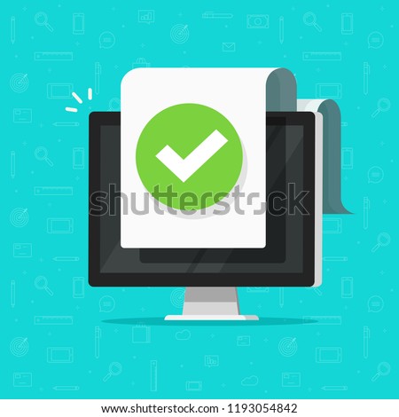 Computer with checkmark notice or tick notification on document vector icon, flat design pc with approved doc paper sheet, idea of task done, update or download complete, accept or approve checkmark