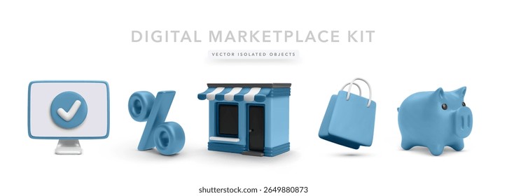 Computer with Checkmark, Percent Symbol, Storefront, Shopping Bag, and Piggy Bank in Smooth 3D Style. Perfect for Digital Marketplaces, Online Shopping, and Finance UI.
