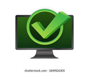 Computer with checkmark or tick notification in bubble. Approved choice. Accept or approve checkmark. Vector illustration.