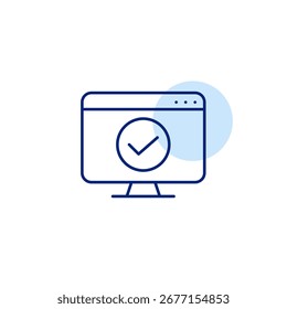 Computer and checkmark. Verified device, system updated. User account identification passed. Pixel perfect, editable stroke vector icon