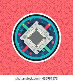 Computer Chip with cable, wire. Symbol of programmer hard work, system administrator activities, scientific innovation, technical advancements and robotics. High tech microprocessor. Vector