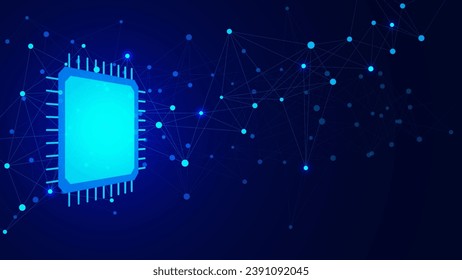 Computer chip or cpu chipset with connecting dots and lines. Big data visualization. Network connection, global communication and digital technology concept background. Vector illustration.