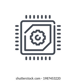 Computer chip with gear line icon. Microchip or processor with connections vector outline sign.