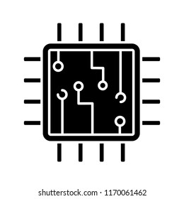 Computer chip glyph icon. Silhouette symbol. Processor. Memory card. Central processing unit. Artificial intelligence. Negative space. Vector isolated illustration