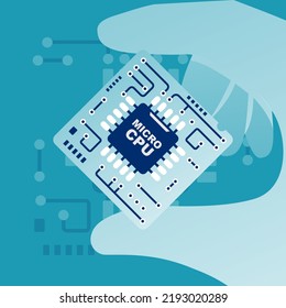 Computer chip in hand. Vector illustration flat design. Isolated on background. CPU computer close up. Hands repairman in gloves hold processor microchip. Service Center Electronics.