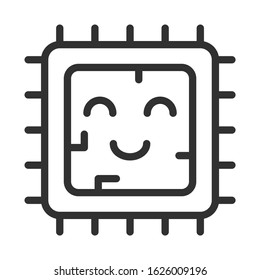 Computer chip with happy face, artificial Intelligence, linear icon. Editable stroke