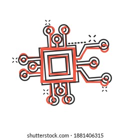 Computer chip icon in comic style. Circuit board cartoon vector illustration on white isolated background. Cpu processor splash effect business concept.