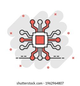 Computer chip icon in comic style. Circuit board cartoon vector illustration on white isolated background. Cpu processor splash effect business concept.